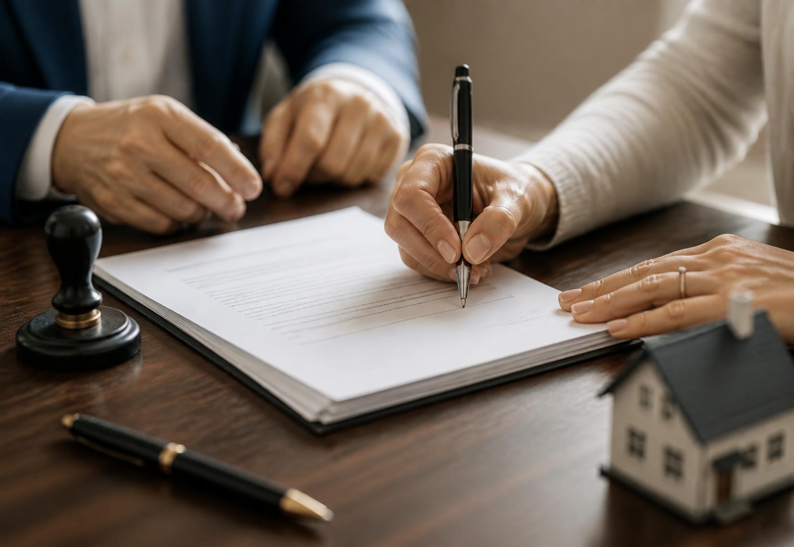 Closing documents being signed at a table with a notary stamp nearby