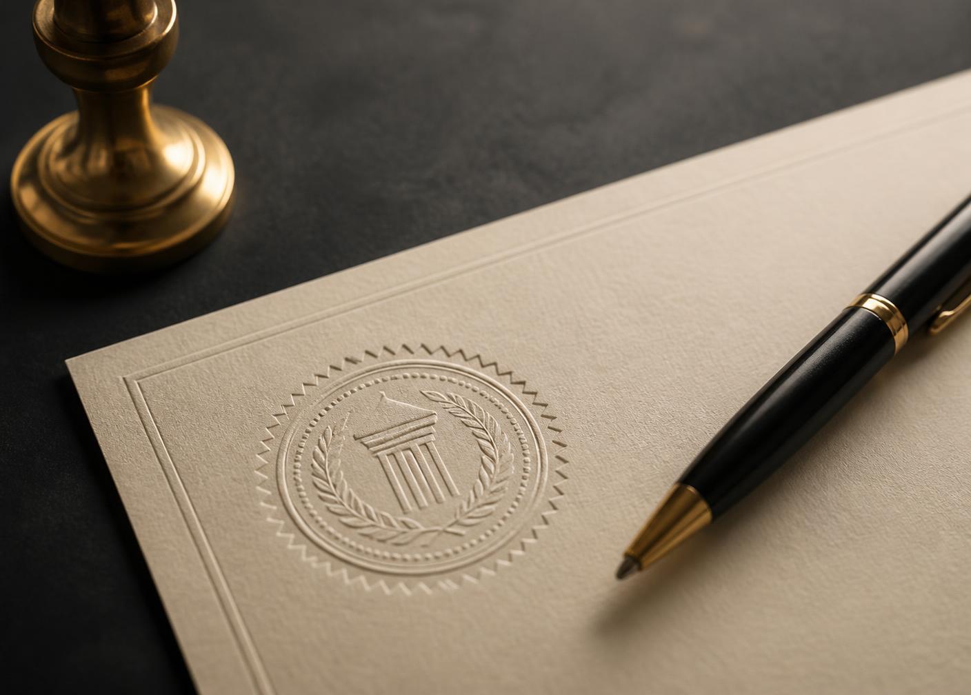A notary seal, official document, and pen arranged on a desk